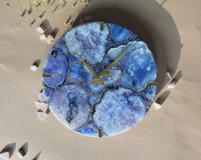 Blue Agate Gemstone Wall Clock | Handmade Crystal Healing Decor