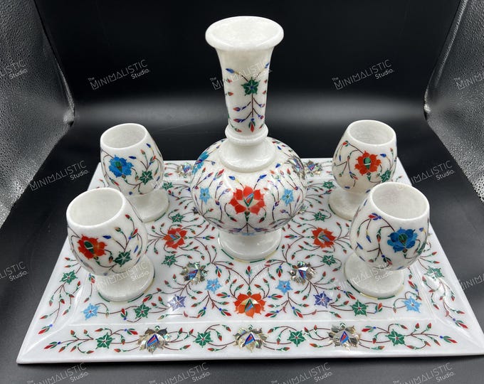 Handmade Makrana Marble Wine Set | Stone Inlay Carafe & Goblets