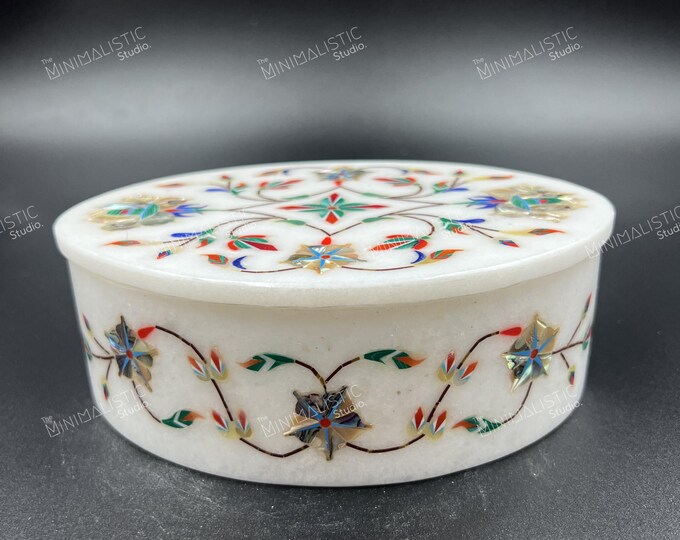 Handmade Marble Inlay Jewelry Box | Floral Pietra Dura Art