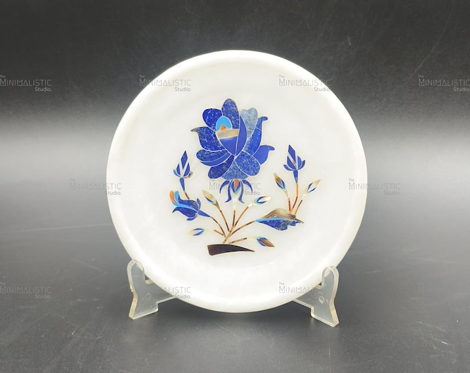Handmade White Marble Inlay Plate | Pietra Dura Floral Art (5 Inch)