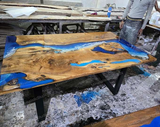 Acacia Wood River Table Top | Blue Epoxy Resin, Live Edge (Customisable)