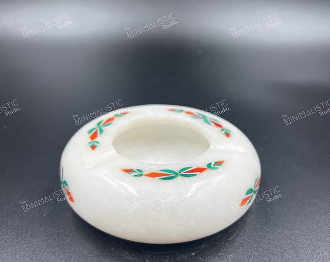 Handmade Makrana White Marble Ashtray | Stone Inlay, Boho Decor