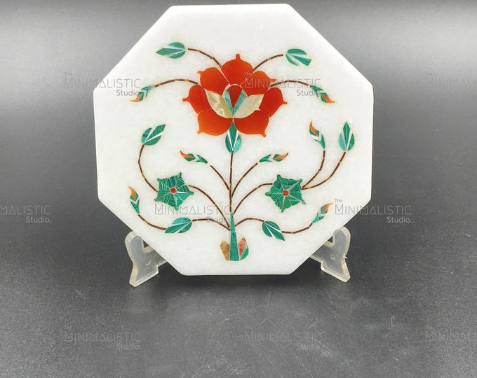 Floral Symphony on White Marble | Handmade Pietra Dura Inlay Plate