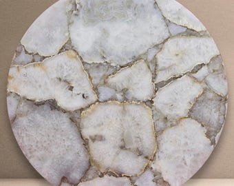 Round White Agate Semi Precious  Stone Table Top | Natural Crystal Home Decor |  (Customizable)
