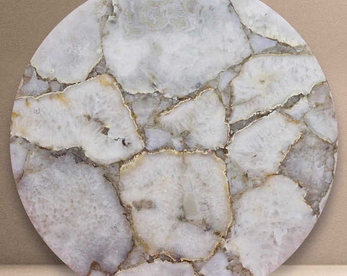 Round White Agate Table Top | Luxury Crystal Handcrafted Gemstone Dining Coffee Table | (Customisable)
