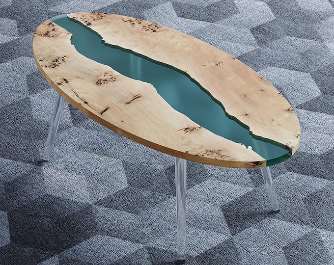 Oval Acacia Wood River Table Top | Blue Epoxy Resin, Customizable
