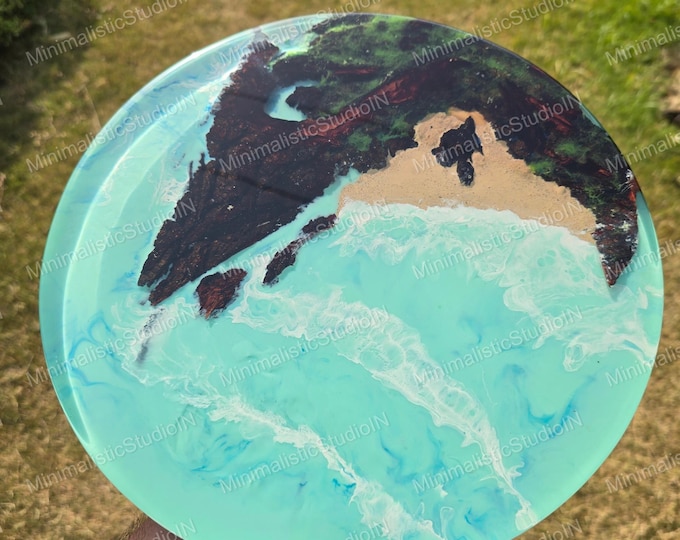 Handmade Acacia Wood Beach Art Table Top | Ocean Wave Resin