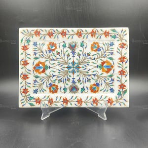 Handmade Marble Inlay Tray – Floral Pietra Dura Plate for Wall or Table Decor – White Marble with Stone Art (Masterpiece)