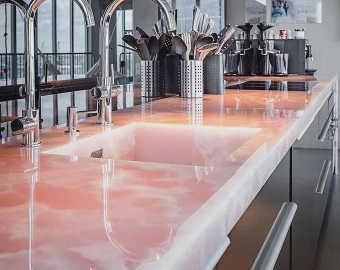 Rose Quartz Kitchen Countertop | Pink Gemstone Slab (Customizable)