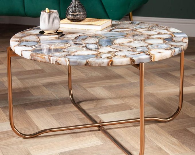 White Agate Stone Table Top | Round Coffee, Dining, or Corner Table (Customisable)