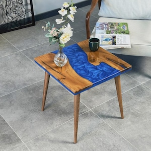 Blue Swirl Epoxy Acacia Wood Table Top | Square | Modern Side Table Top | Artistic Coffee Table Top | (Customizable)