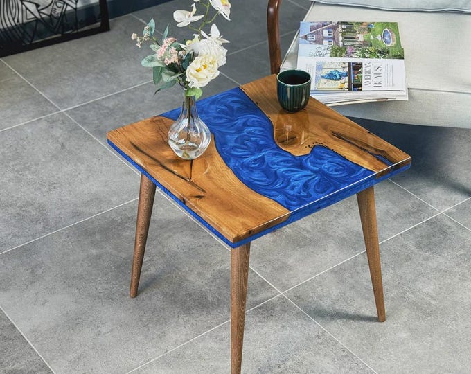 Handmade Blue Swirl Epoxy Acacia Wood Table Top | Modern Side Table