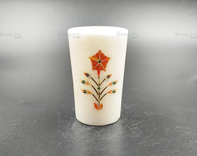 Handmade Mughal Art Marble Pen Holder – Floral Inlay Desk Organizer