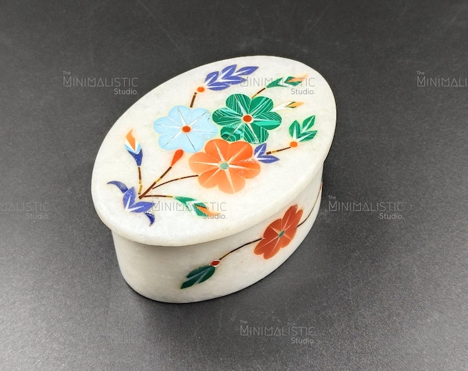 Handmade Marble Inlay Jewelry Box | Floral Pietra Dura Art