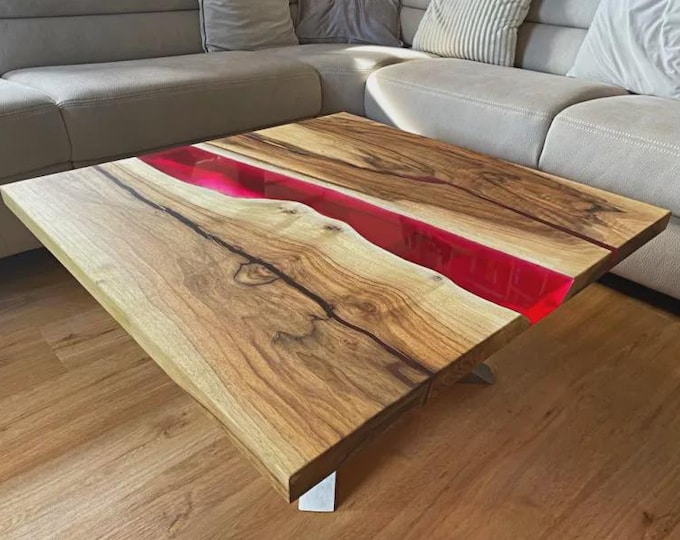 Square Red River Acacia Wood Epoxy Table Top | Coffee & Dining Table | Handmade Furniture | (Customisable)