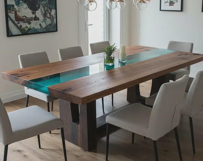 Aqua Blue Epoxy Acacia Wood Dining Table Top | Customizable