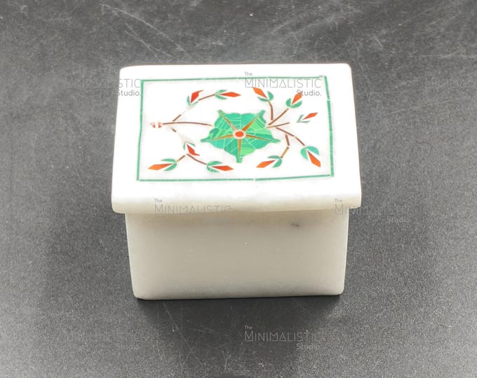 Handmade Marble Inlay Trinket Box | Gemstone Floral Design