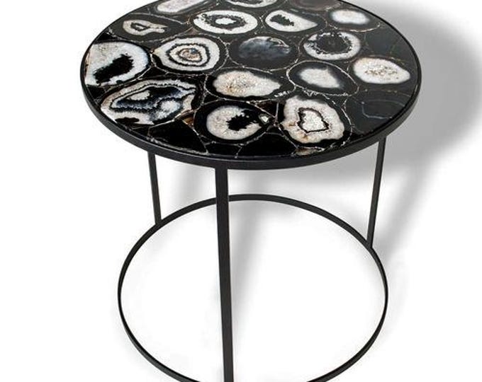 Round Black & White Agate Table Top | Luxury Gemstone Accent Dining Coffee Table | (Customisable)