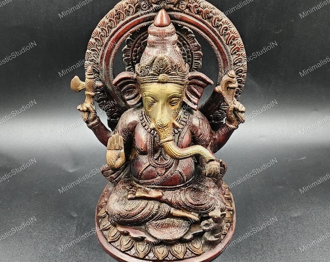 Hand-carved Lord Ganesha Statue 10.5” | Antique Finish Idol for Home Temple | Gift