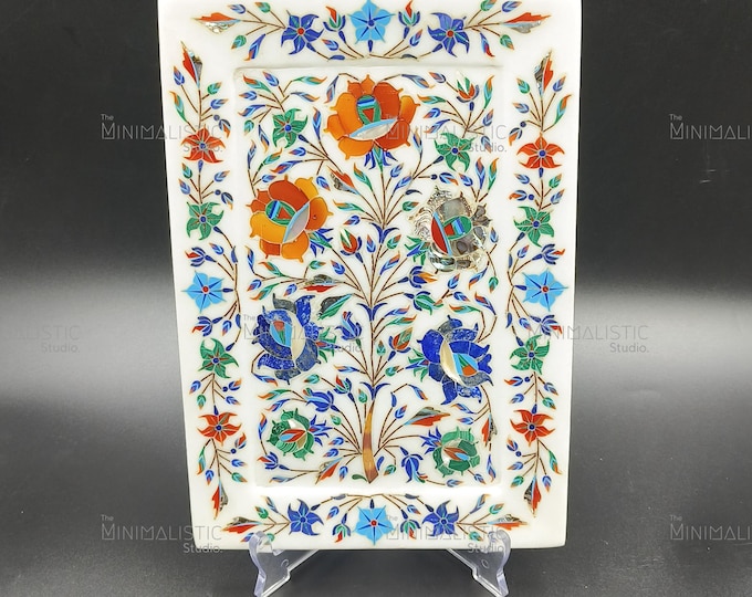 Handmade Marble Inlay Tray | Floral Pietra Dura Platter, 12x9 Inches