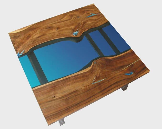 Live Edge Acacia Wood Turquoise Blue Epoxy | Table Top Square Handmade | Coffee Table |(Customisable)