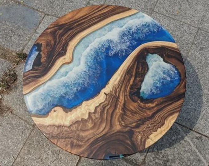 Acacia Wood Ocean Resin Table Top | Handmade Coastal Decor