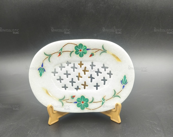 Handmade Marble Soap Dish | Floral Gemstone Inlay, Indian Decor
