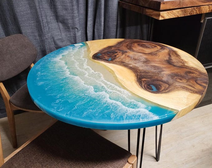 Round Epoxy Acacia Wood Table Top | Blue Resin Beach Art | Coffee Dining Table | (Customisable)