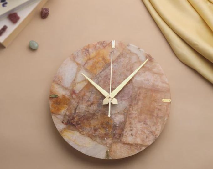 Handmade Rose Quartz Stone Wall Clock | Luxury Pink Gemstone Decor | Healing Crystal Modern Gift