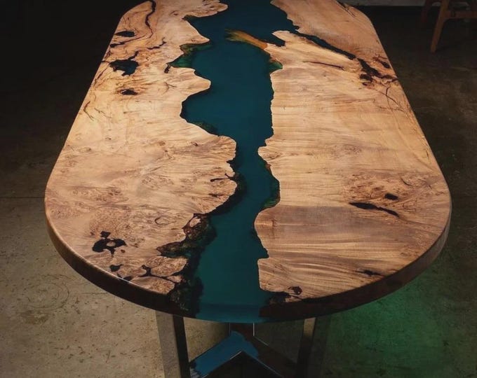 Aqua River Epoxy Acacia Wood Table Top | Customizable