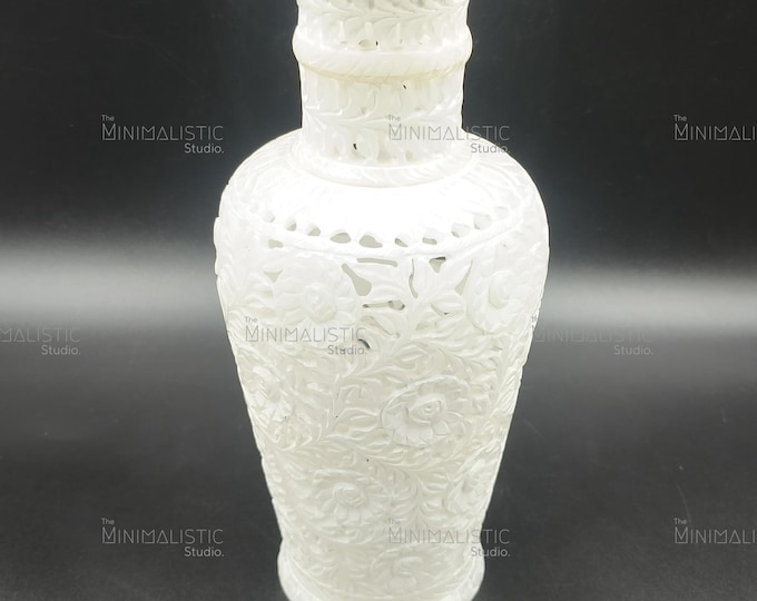 Hand Carved White Marble Vase | Floral Lattice Centerpiece