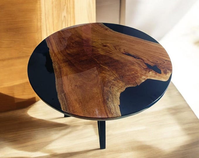 Handmade Black Epoxy Acacia Wood Table Top | Live Edge, Round (Customizable)