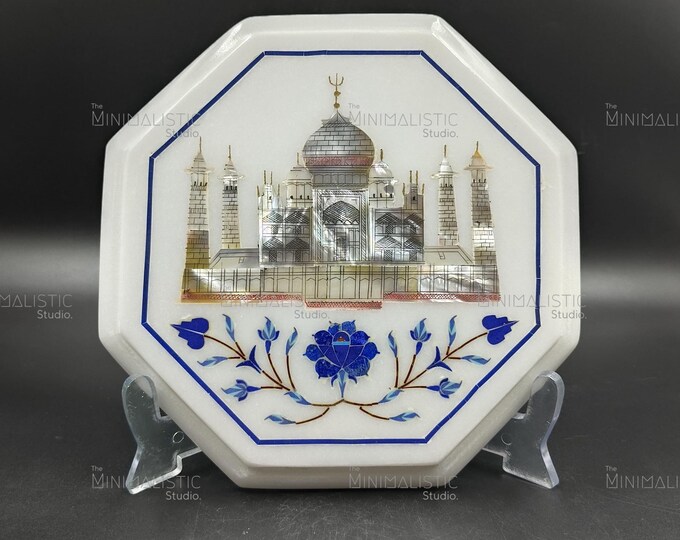 Taj Mahal Marble Inlay Plate | Octagonal White Marble Home Decor | Handmade Indian Craft