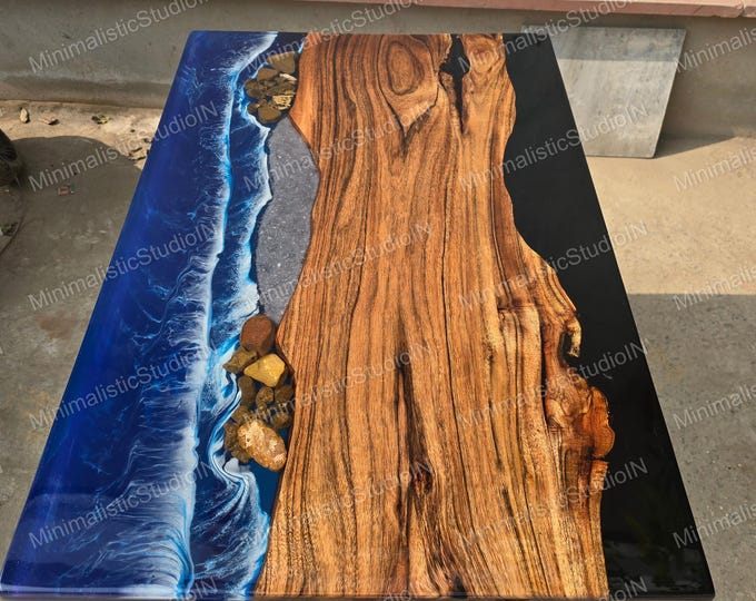 Acacia Wood Ocean Resin Table Top | Live Edge Beach Art Coffee Table