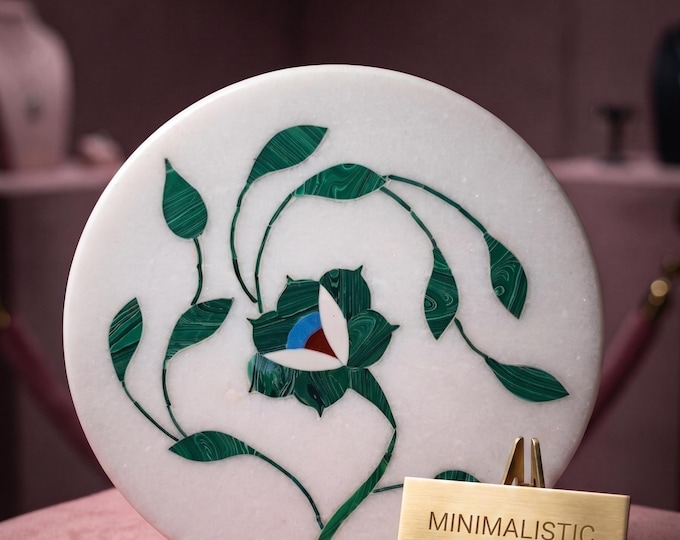 Green Floral Inlay Decorative marble  Plate | Handmade White Marble Wall Decor | 9 Inch