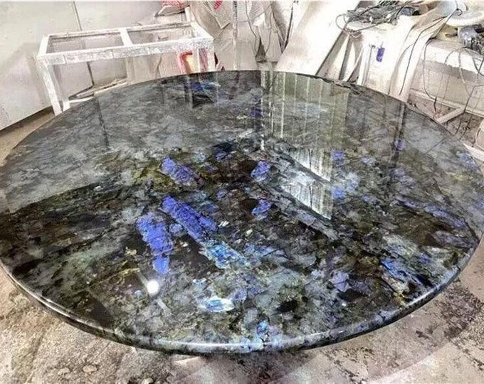 Round Labradorite Table Top | Polished Blue Gemstone | Coffee Dining Table | (Customisable)