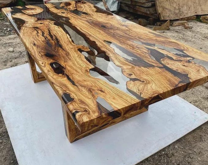Acacia Wood River Table Top | Clear Resin, Live Edge (Customizable)