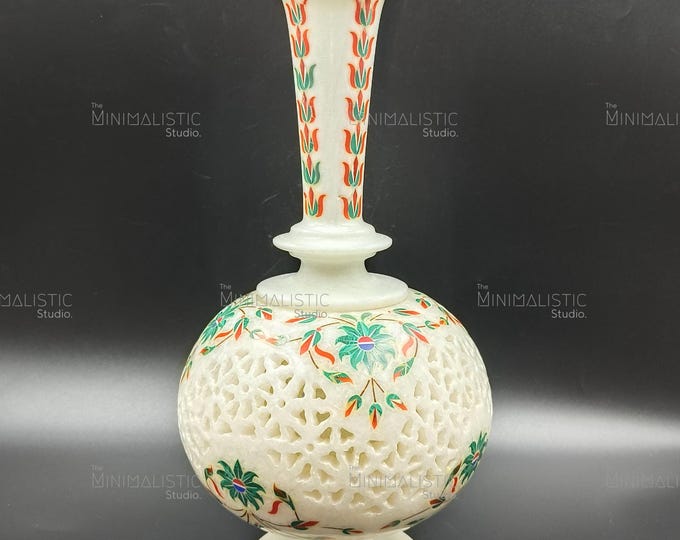 Handcrafted Makrana White Marble Floral Inlay Vase | Indian Pietra Dura Decor