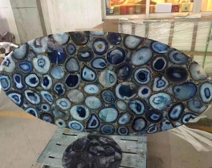 Handmade Blue Agate Oval Table Top | Luxury Gemstone Decor
