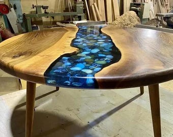 Handmade Live Edge Acacia Wood River Coffee Table | Epoxy Resin Inlay