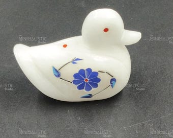 Handmade Makrana Marble Duck Figurine | Gemstone Inlay Decor