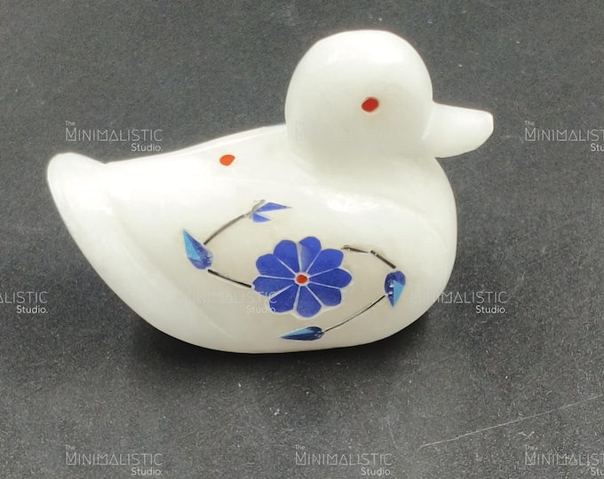 Handmade Makrana Marble Duck Figurine | Gemstone Inlay Decor