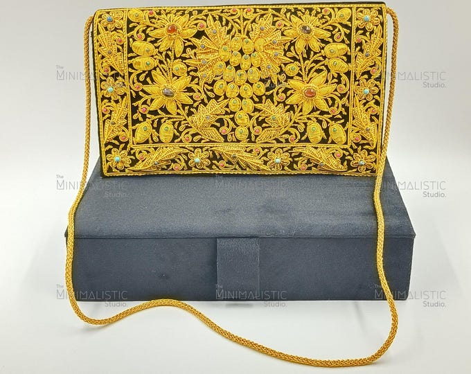 Handmade Zardozi Clutch | Black Velvet Gold Floral Bag, Multiway Sling