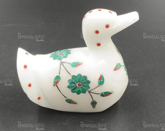 Makrana Marble Duck Figurine | Gemstone Floral Inlay, Indian Decor
