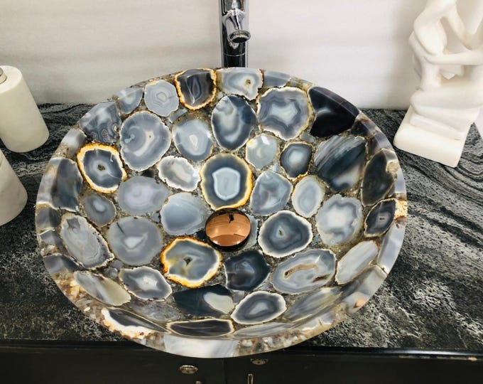 Round Grey Agate Sink | Gemstone Wash Basin for Modern Bathroom | (Customisable)