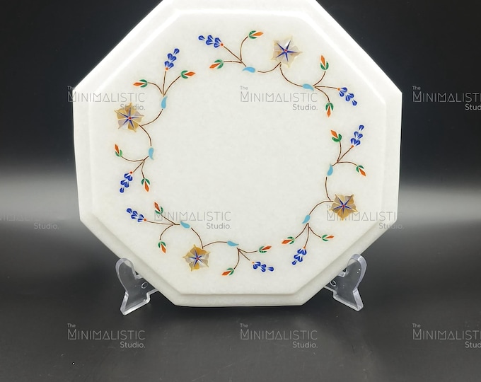 9"x9" Marble Inlay Floral Plate | Octagon Handmade Decor | Stand Included | Customizable Gift Accent