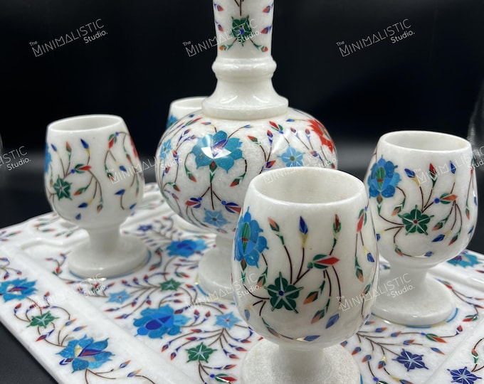 Handmade Makrana Marble Wine Set | Stone Inlay Bar Decor