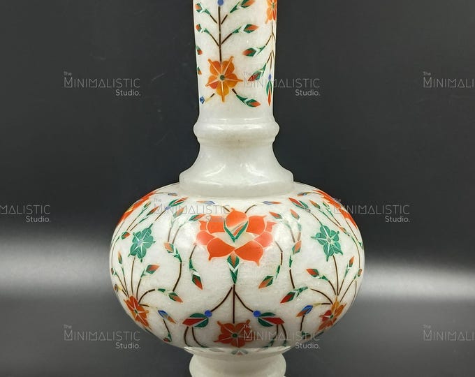 Handcrafted White Marble Floral Inlay Vase | Pietra Dura Indian Decor | Elegant Table Centerpiece & Gift