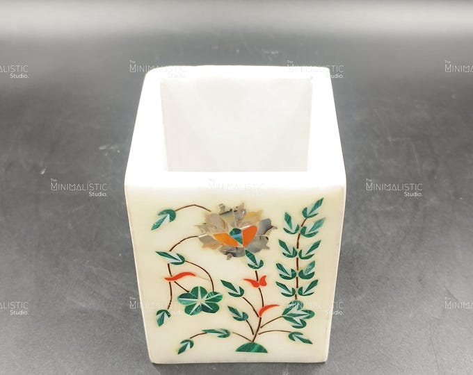 Handmade Marble Toothbrush Holder | Floral Inlay Pietra Dura Art