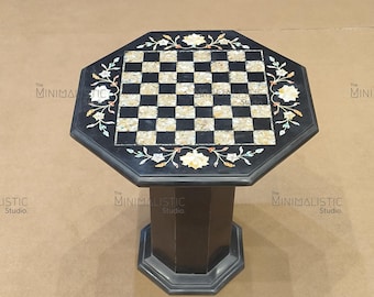 Handmade Black Marble Chess Table Top | Gemstone Inlay, Octagon